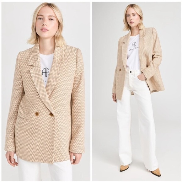 Anine Bing Tweed Fishbone Herringbone Double Breasted Blazer Jacket Tan Small - Picture 1 of 15